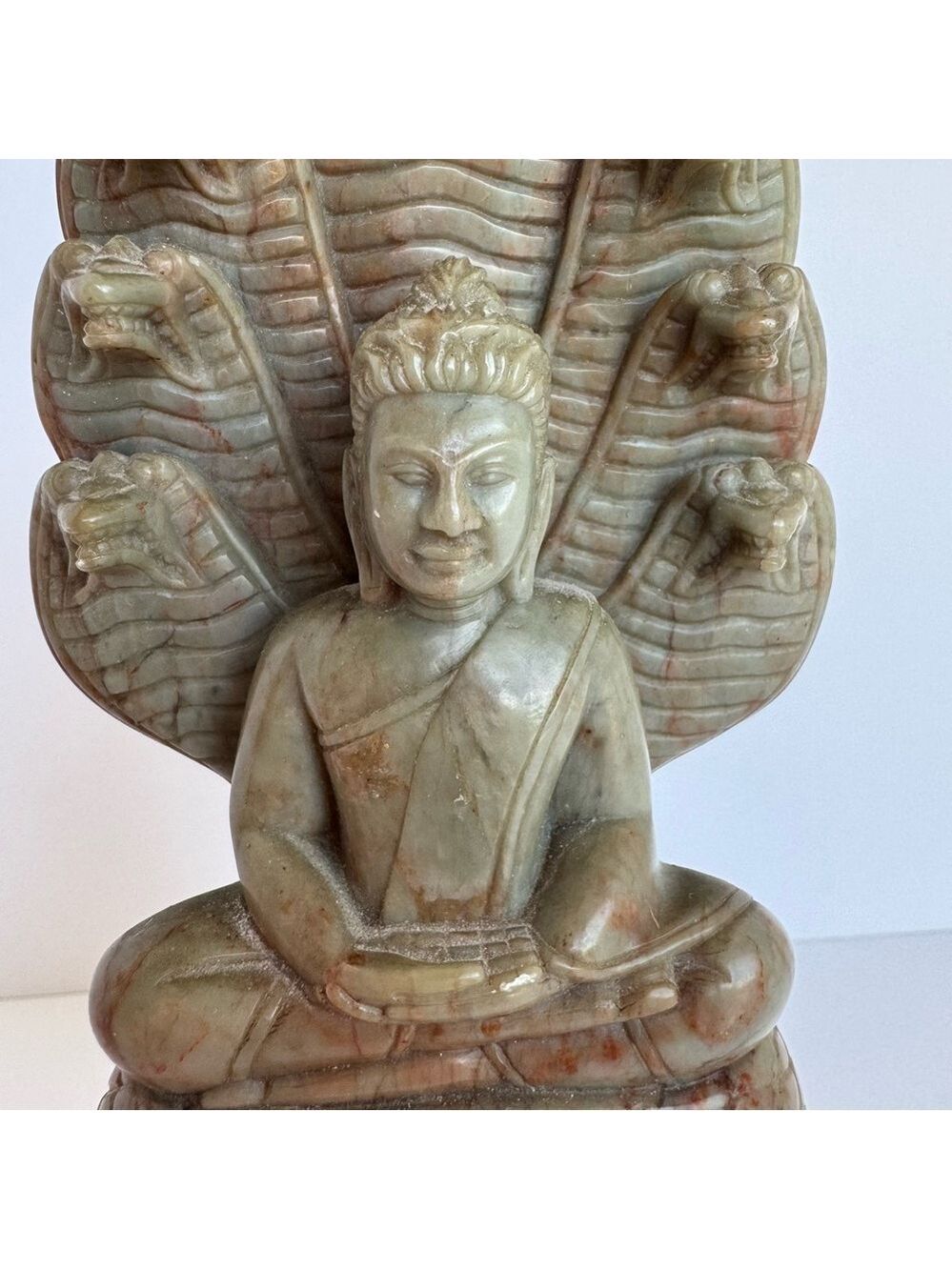 Vintage Serpentine 8" Sculpture Buddha Seven Headed Naga Mucalinda Carving Cobra